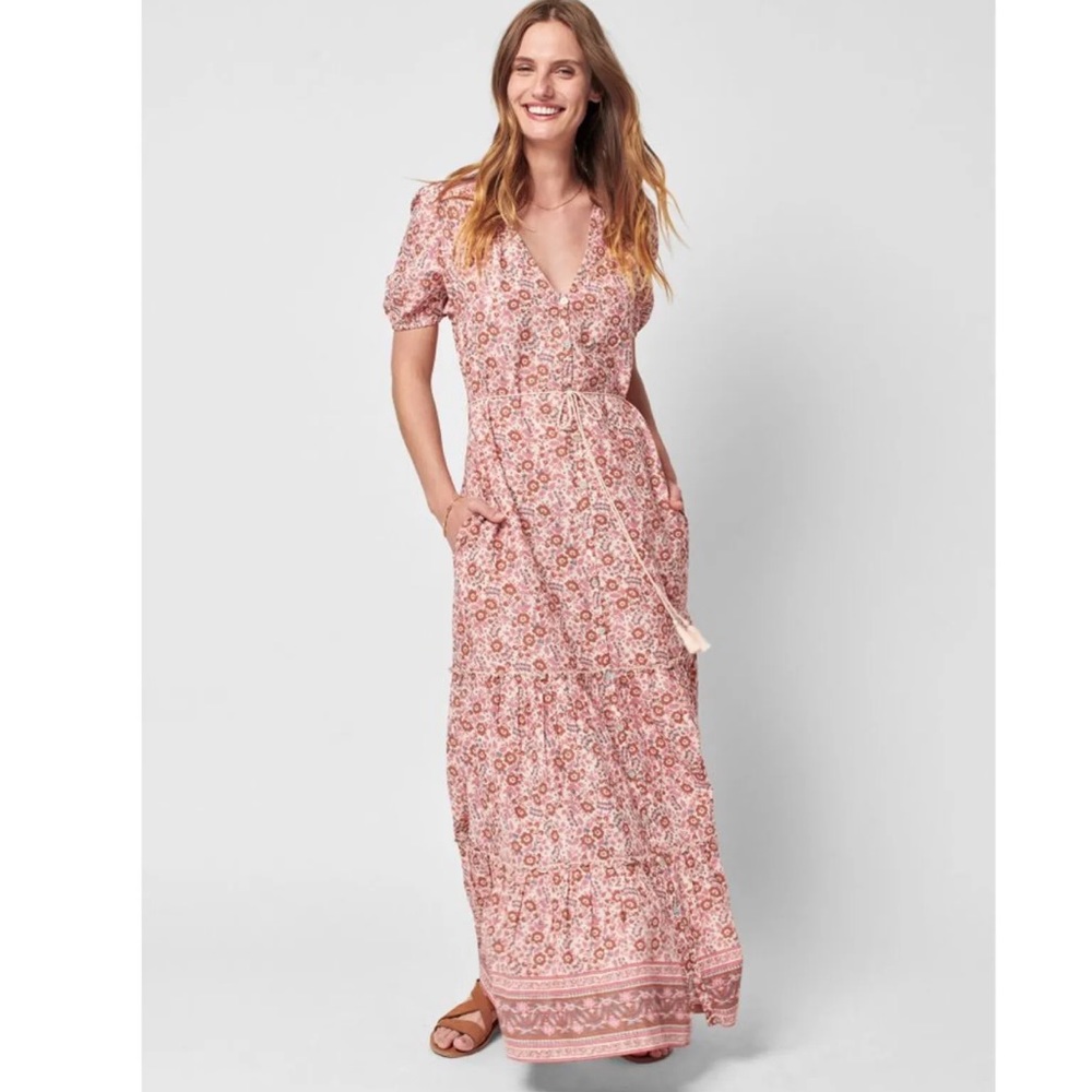 New Faherty Orinda Organic Cotton Maxi Dress Earth Block Print Pink Boho